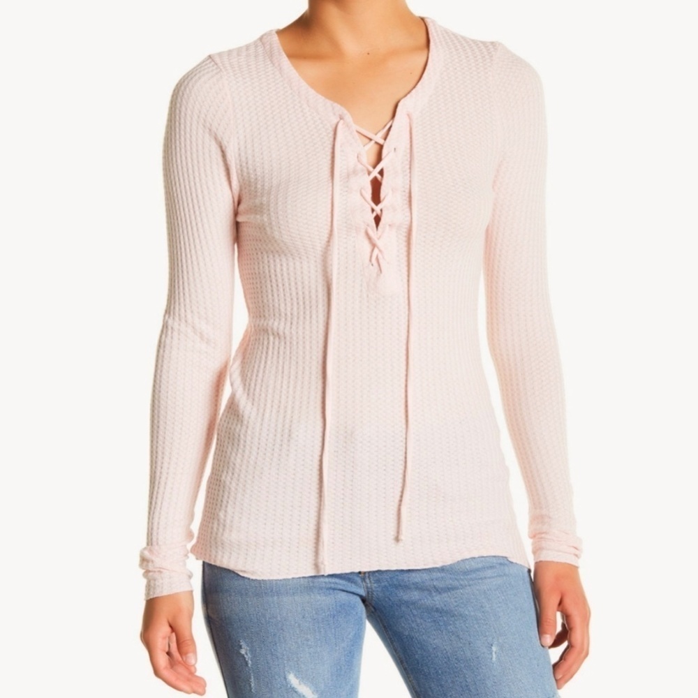 Chaser Soft Pink Lace-Up Waffle Knit Thermal Long Sleeve Top - Size Small - NWOT